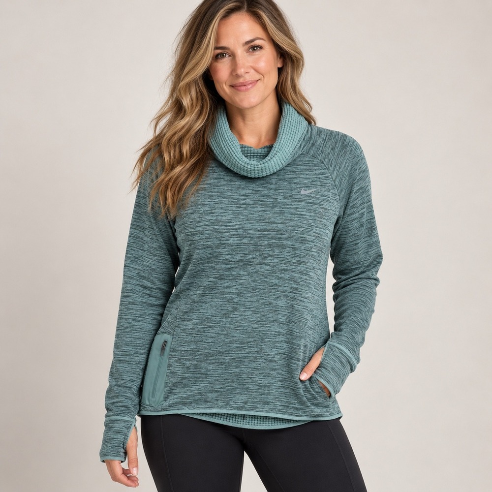 Nike Running Pullover Women Large Teal Dri-FIT Cowl Neck Thumbhole 799891-393